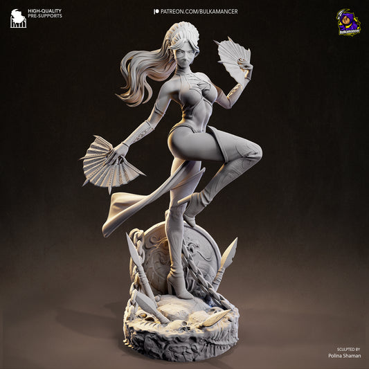 kitana mortal kombat resin statue unpainted grey model sculpt details base weapons fans figure