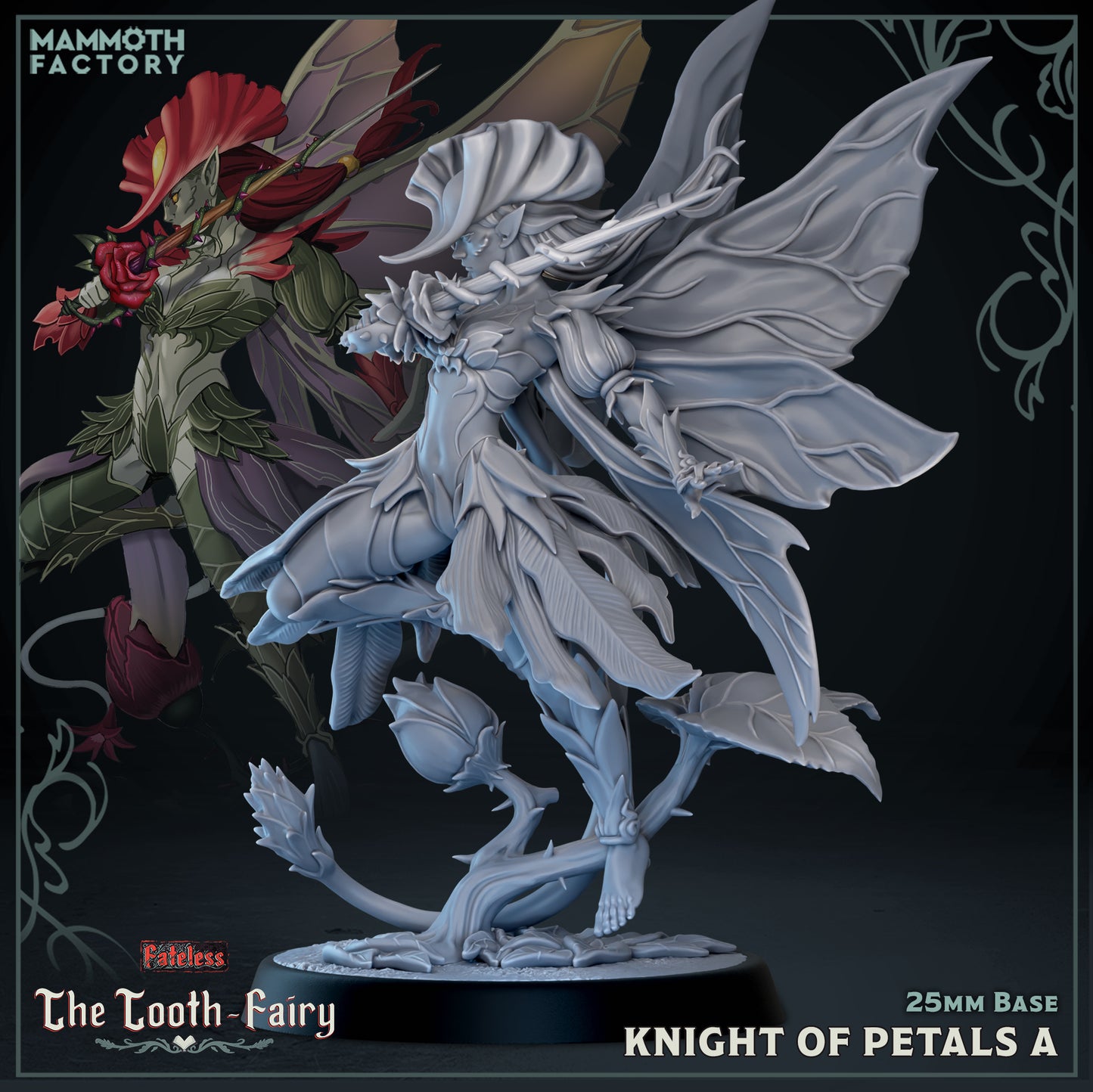Knight of Petals A Fateless resin miniature featuring a winged fey warrior wielding a thorned floral weapon and standing atop a blooming forest base.