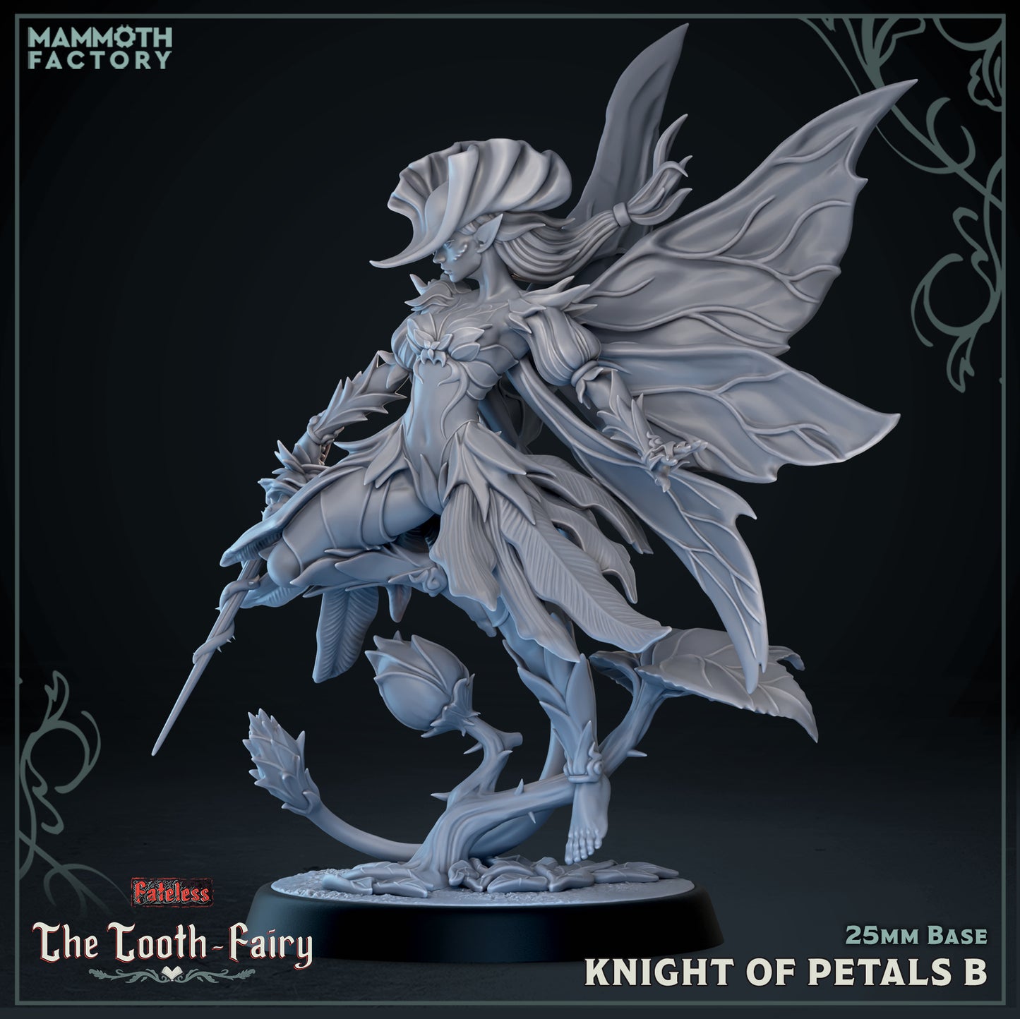 Knight of Petals B Fateless resin miniature featuring an elegant fairy knight with leaf armor, butterfly wings, and a poised combat stance.