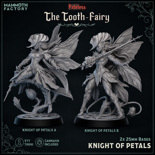 Knight of Petals Fateless resin miniature set featuring both fey warrior variants with floral armor, butterfly wings, and woodland-inspired weapons.