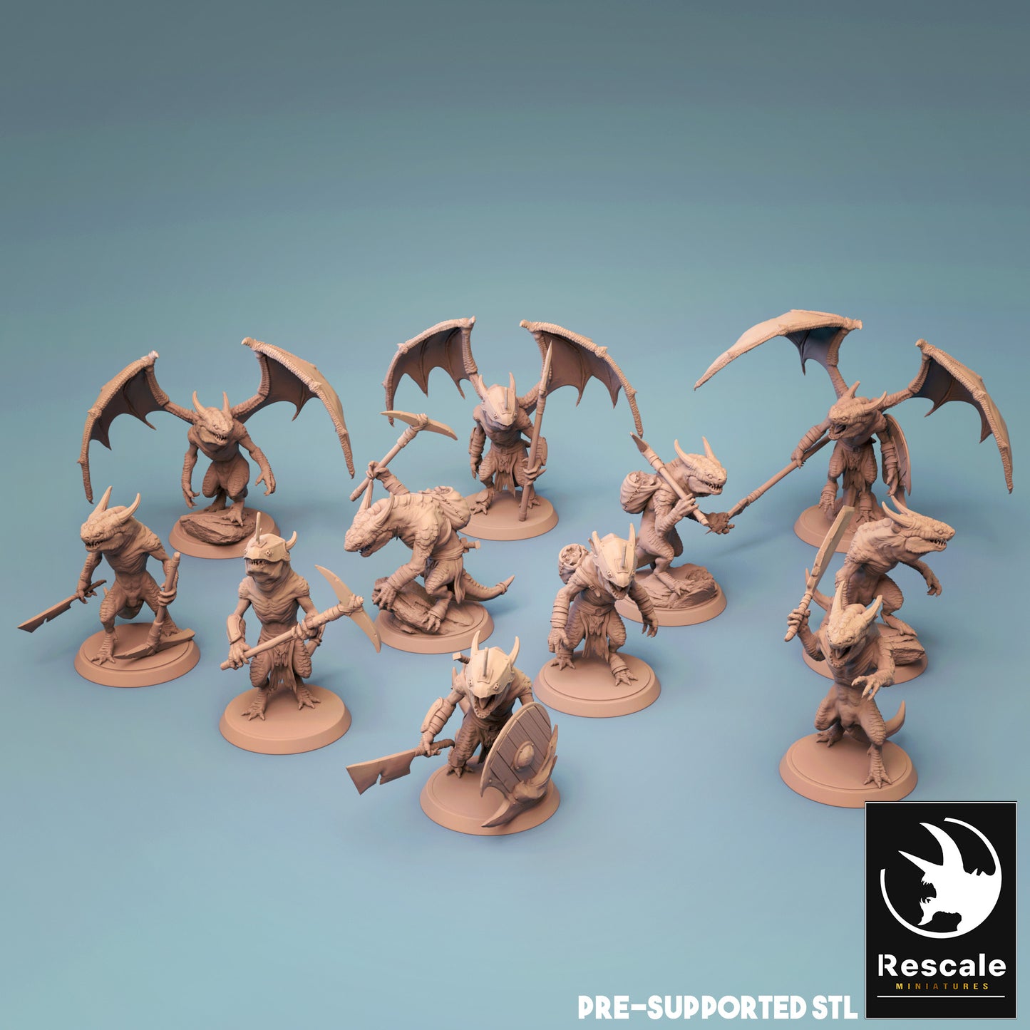 A group of kobold miniatures standing in various poses, with different weapons and armor, including some winged and non-winged figures. Suitable for Dungeons and Dragons and other fantasy tabletop games.