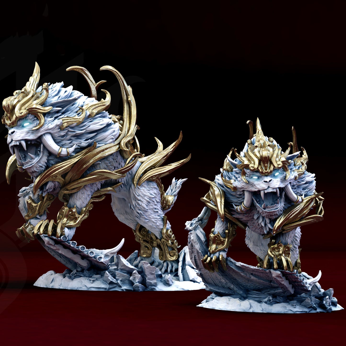 Armored Foo Lion Komainu miniature roaring stance with ornate ceremonial armor