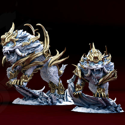 Armored Foo Lion Komainu miniature roaring stance with ornate ceremonial armor