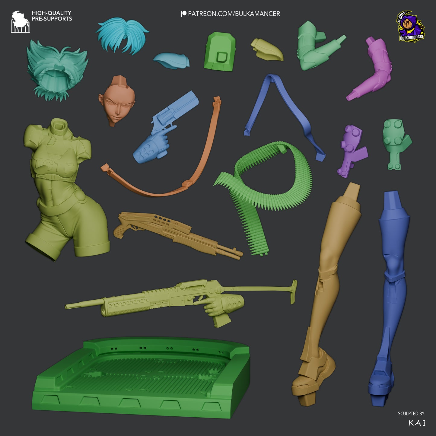 Konoko Oni Bungie video game 1:8 scale figure parts layout showing head torso arms legs weapons ammo belt and base