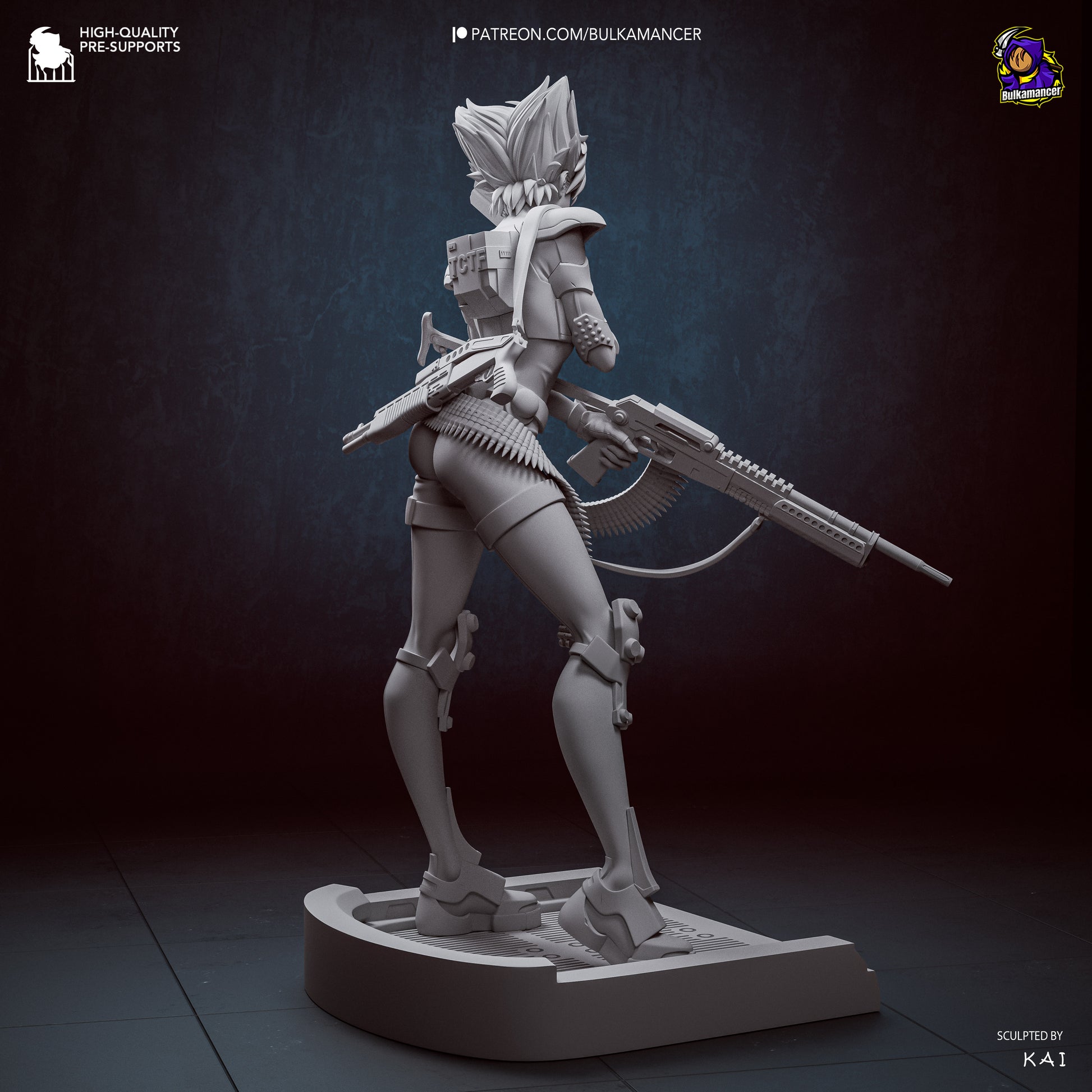 Konoko Oni Bungie video game 1:8 scale figure rear view showing rifle ammo belt armored legs and rounded sci fi base