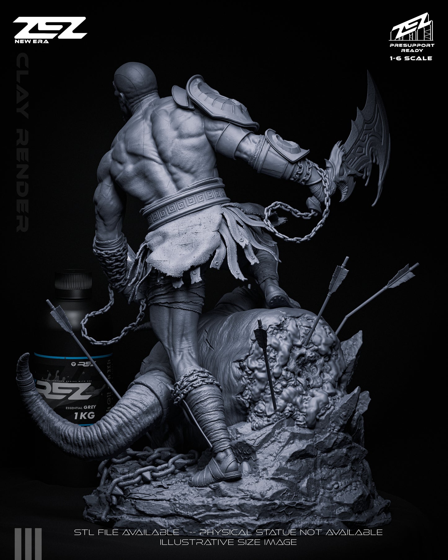 Kratos God of War resin statue back view muscular anatomy chain detail creature base arrows embedded collectible