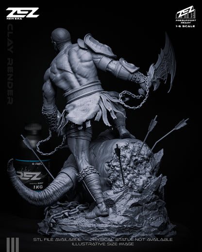 Kratos God of War resin statue back view muscular anatomy chain detail creature base arrows embedded collectible