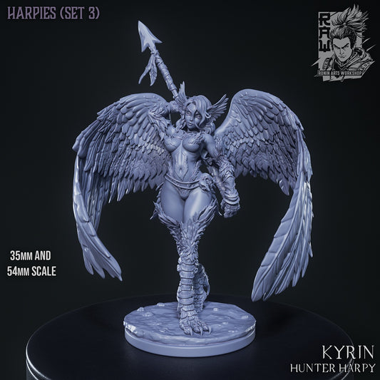 Kyrin hunter harpy miniature gray render with large feathered wings spread wide, taloned bird legs, spear weapon raised overhead, fantasy flying monster for Dungeons and Dragons 35mm 54mm scale