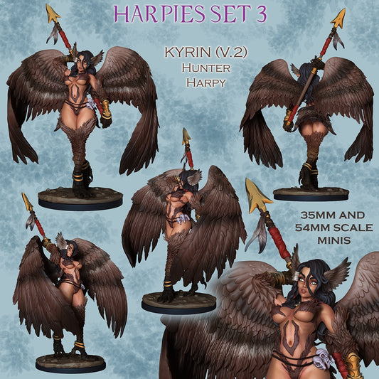 Kyrin hunter harpy miniature painted collage showing front, back, and side poses with brown feathered wings, spear weapon, talons, fantasy Dungeons and Dragons flying monster 35mm 54mm