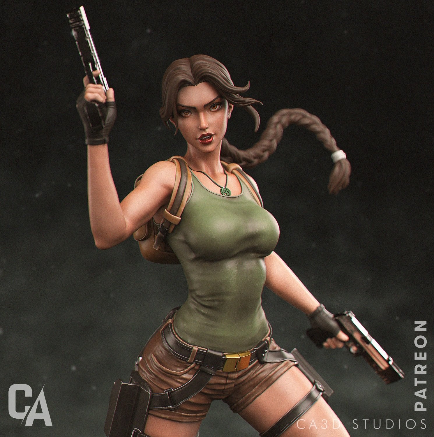 Close-up of Lara Croft's upper body, showing her confident expression and raised pistol in hand.