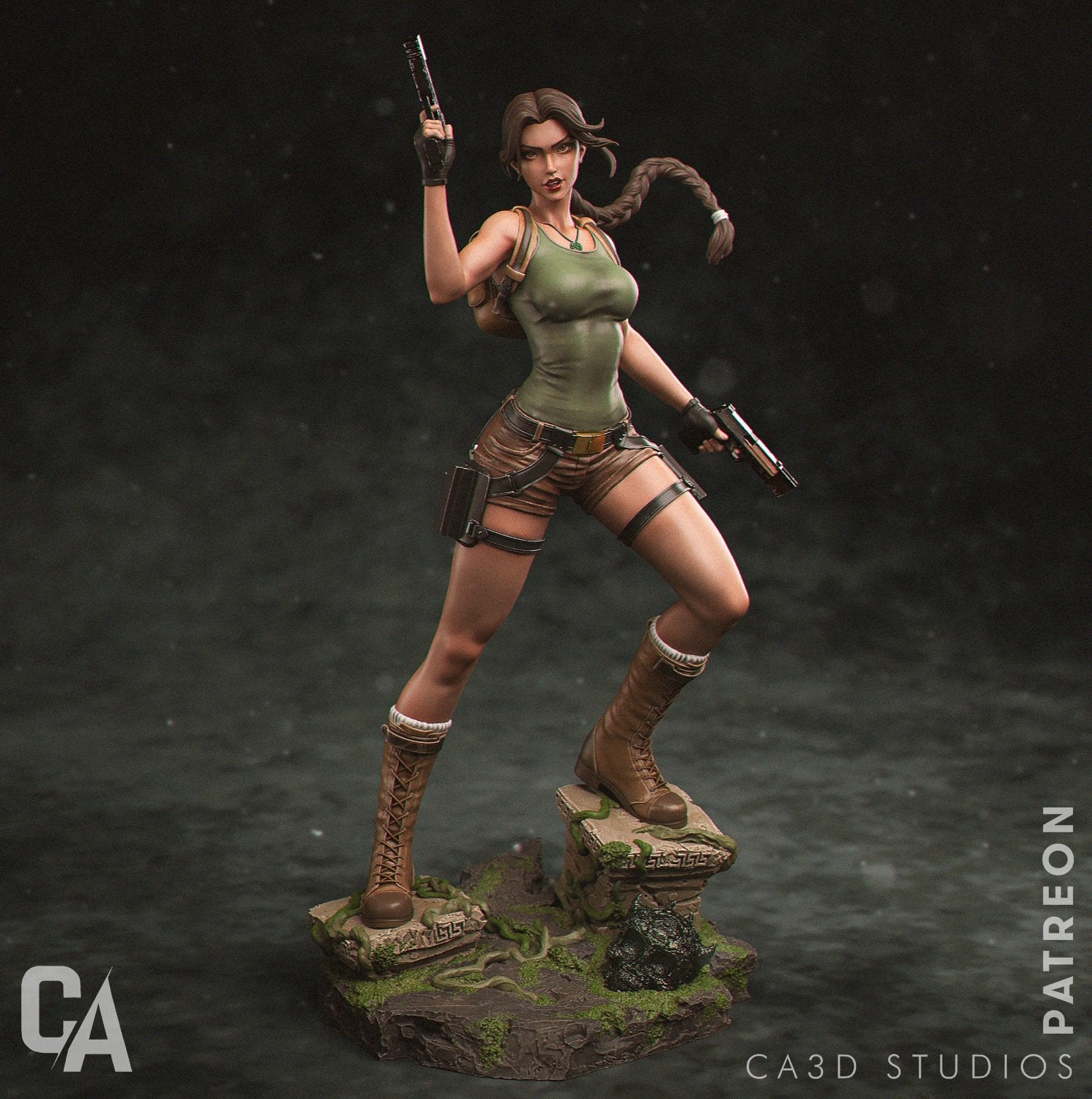 Front view of Lara Croft figurine in a combat-ready stance, holding pistols and wearing tactical gear.