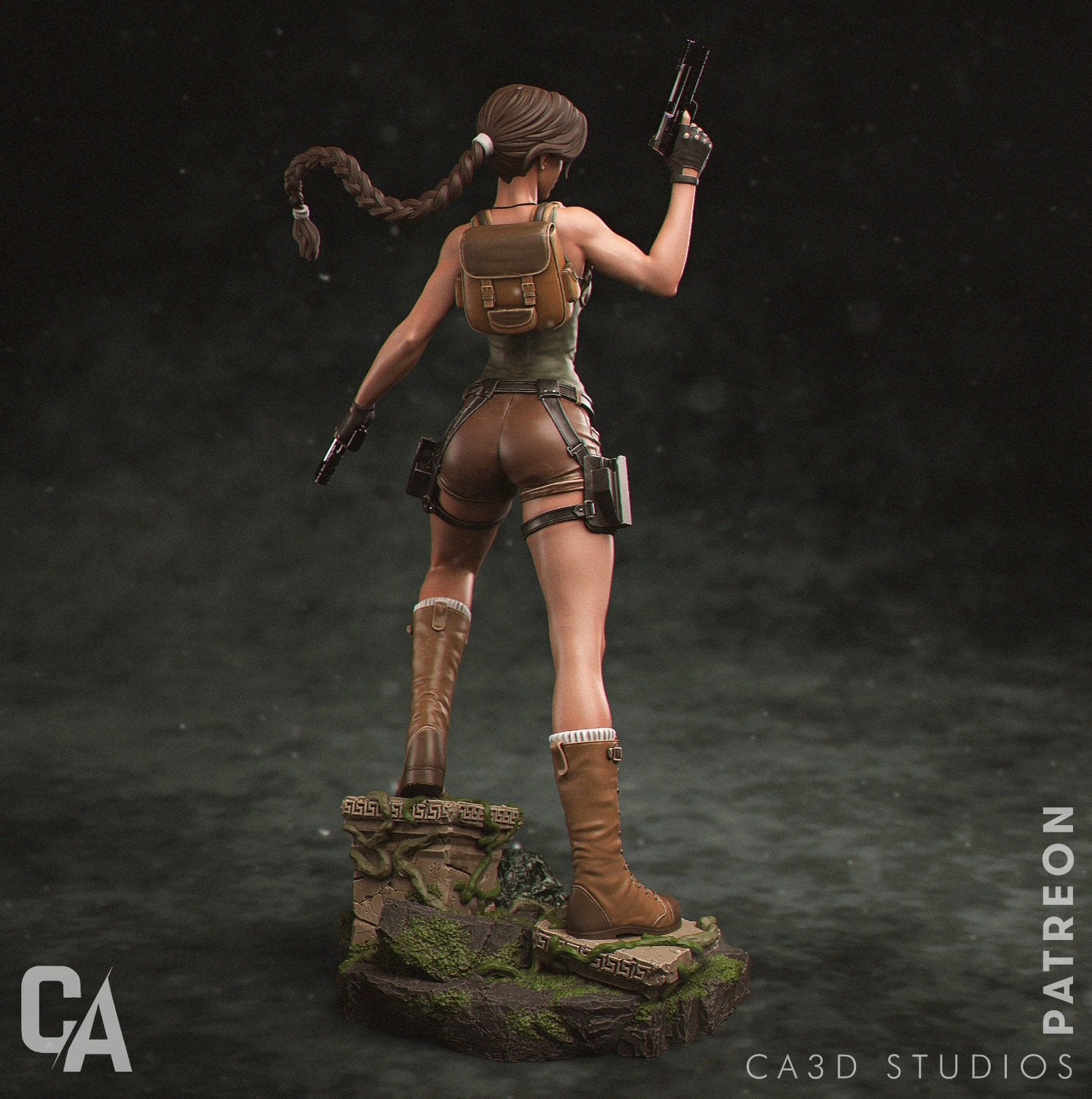 Back view of the Lara Croft figurine with braided hair, holding dual pistols and standing on rocky terrain.