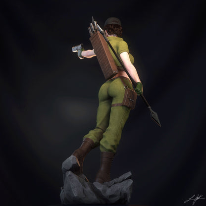 Lady Jaye G.I. Joe 1:4 scale resin statue rear view quiver detail spear held at side tactical pants combat boots rocky base dynamic pose collectible