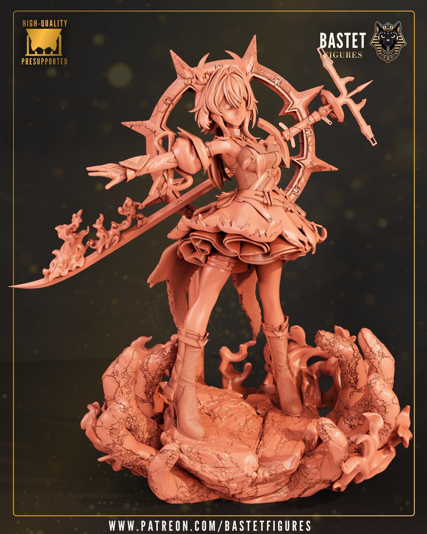 Laevatain Arknights Endfield unpainted resin statue front view sculpt flame sword base