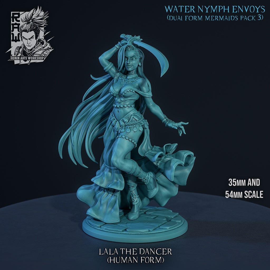 Laila the Dancer human form gray render resin tabletop miniature featuring elegant mermaid bard dancer with flowing skirt jewelry and curved sword pose