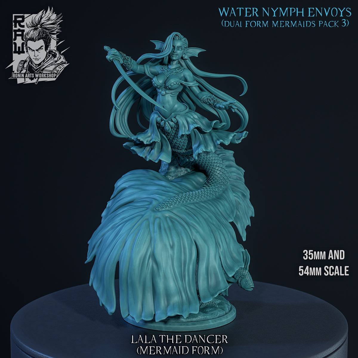 Laila the Dancer mermaid form gray render resin tabletop miniature featuring aquatic mermaid bard with flowing fins curved blade and underwater themed pose