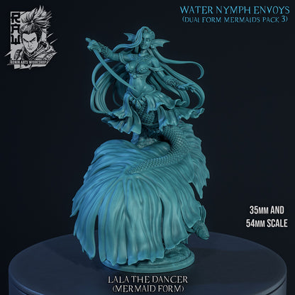 Laila the Dancer mermaid form gray render resin tabletop miniature featuring aquatic mermaid bard with flowing fins curved blade and underwater themed pose