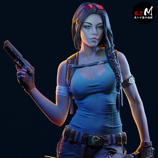 Lara Croft Tomb Raider close up view figure, pistol stance adventurer statue, combat pose female character, game collectible