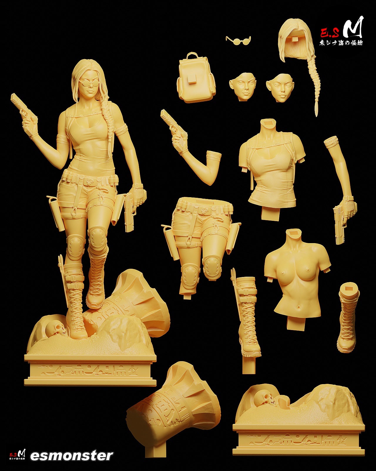Lara Croft Tomb Raider parts layout, modular statue components, alternate torso and arms, unassembled 1:6 scale figure