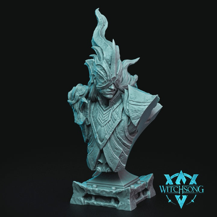 Left Hand of Lilith demon bust resin display model featuring an ornate horned helm flowing hair layered infernal armor and dark fantasy demon details for Dungeons and Dragons collectors