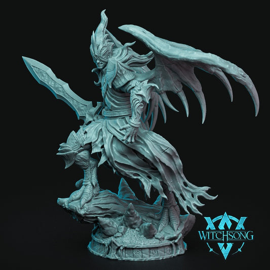 Left Hand of Lilith demon resin miniature with tattered robes massive clawed wings infernal sword horned helm and abyssal assassin styling for Dungeons and Dragons Pathfinder and grimdark tabletop RPGs
