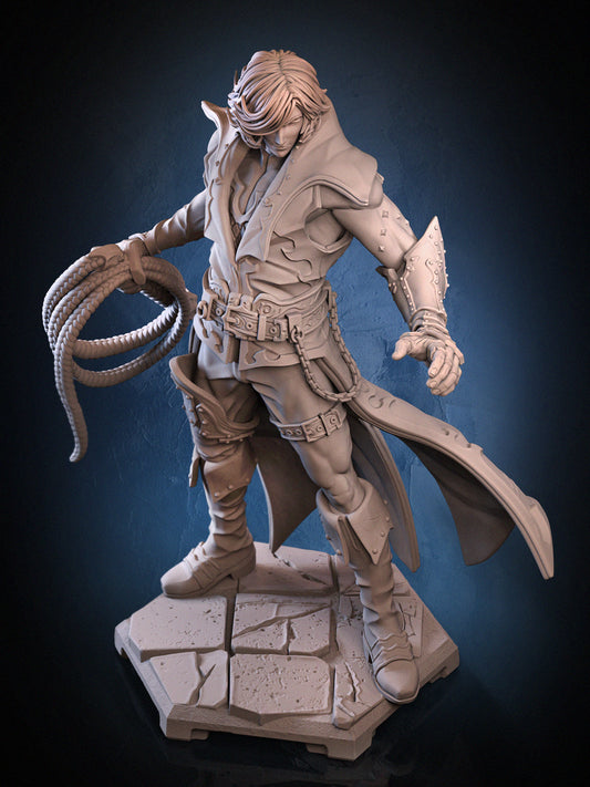 Leon Belmont Castlevania inspired vampire hunter resin tabletop miniature painted and clay render comparison with whip weapon armor details and gothic fantasy styling for Dungeons and Dragons campaigns