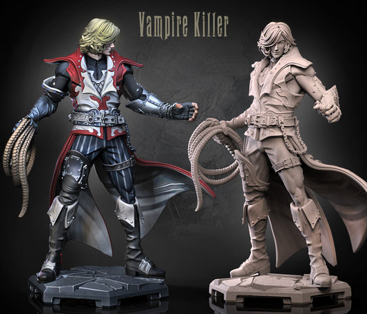 Leon Belmont human fighter Castlevania inspired resin tabletop miniature painted render with vampire hunter whip flowing coat armor and cracked stone base for Dungeons and Dragons gothic horror RPGs