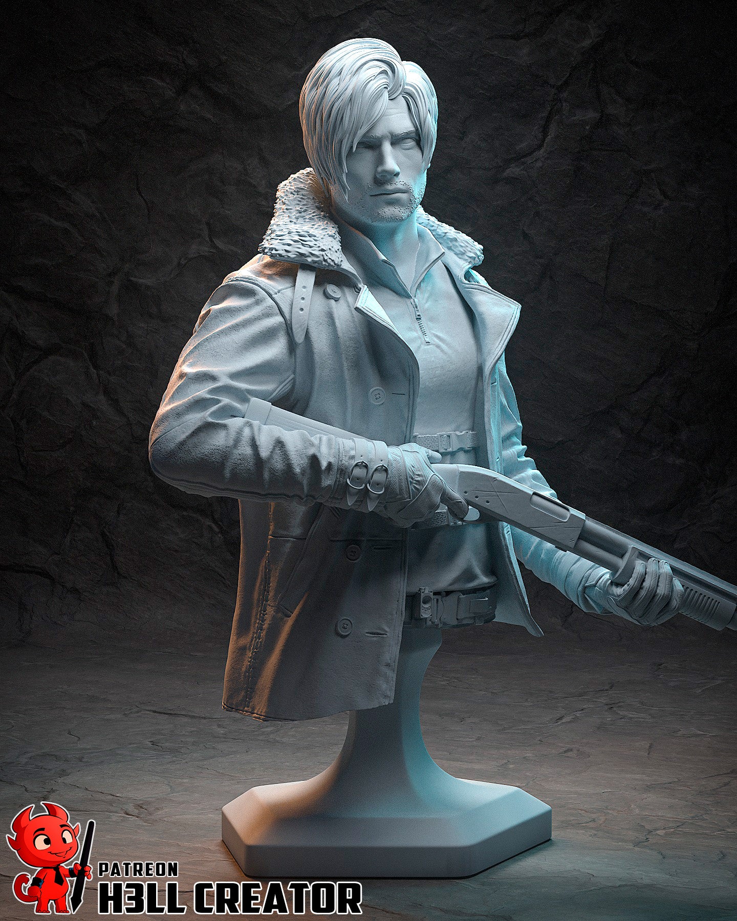 Leon Kennedy Resident Evil 1:8 scale resin bust unpainted grey shotgun sherpa collar sculpt display collectible