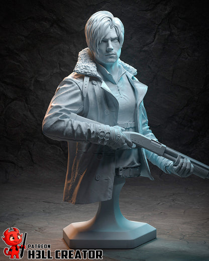 Leon Kennedy Resident Evil 1:8 scale resin bust unpainted grey shotgun sherpa collar sculpt display collectible