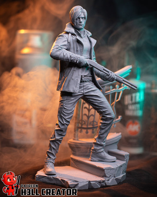 Leon Kennedy Resident Evil 1:8 scale resin collector statue unpainted front view dynamic pose shotgun staircase base display collectible