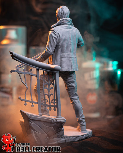 Leon Kennedy Resident Evil 1:8 scale resin collector statue unpainted rear view sculpt detail leather jacket staircase base display collectible