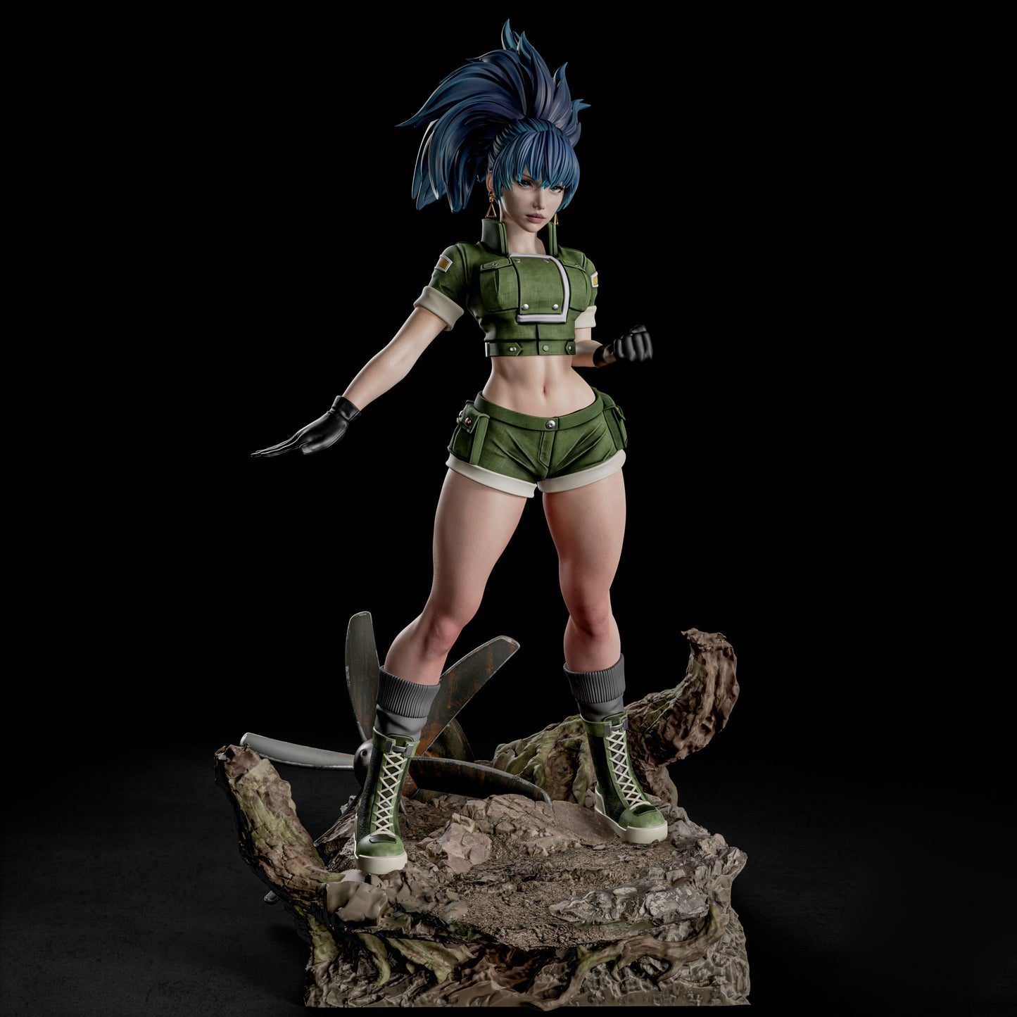Front view of Leona Heidern 1:6 scale collectible figure from The King of Fighters, standing on a battlefield base with one hand raised and wearing a green tactical uniform, gloves, and boots.