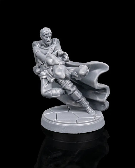 Human sorcerer hero miniature front view from Beldrad's Bag of Beasts with hands extended in spellcasting pose, flowing cloak, dynamic stance, and arcane energy gesture inspired by Dungeons & Dragons Honor Among Thieves