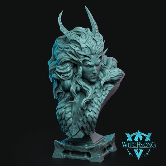 Lilith Goddess of the Damned demon bust resin display model featuring elegant infernal horns flowing hair layered abyssal armor and dark fantasy demon queen details for Dungeons and Dragons collectors