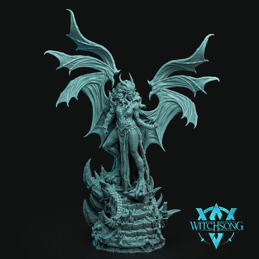 Lilith Goddess of the Damned demon resin miniature with massive layered wings infernal armor towering horns abyssal throne base and dark fantasy boss styling for Dungeons and Dragons Pathfinder and grimdark tabletop RPGs