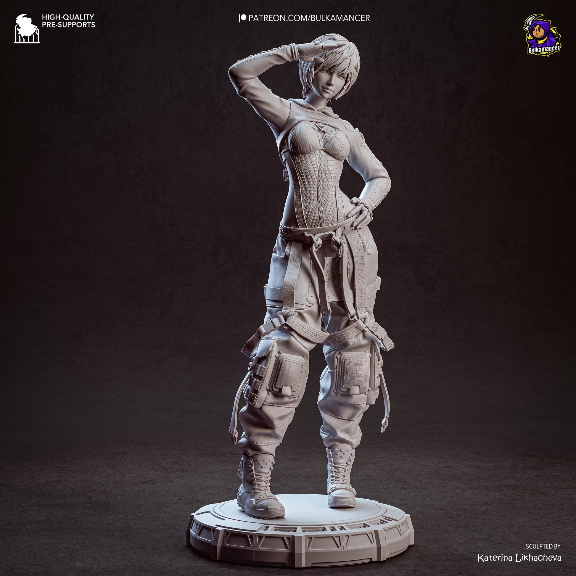 Lily Stellar Blade 1:8 scale resin statue grey resin render front view salute pose detailed techwear outfit