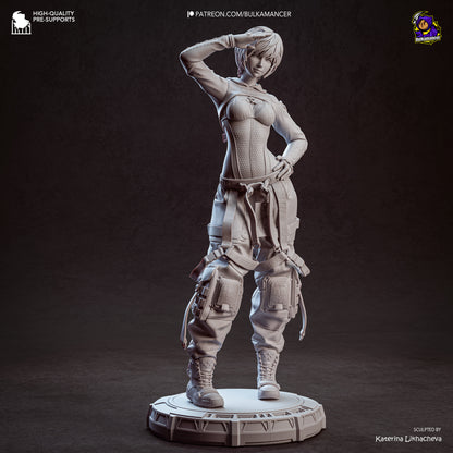 Lily Stellar Blade 1:8 scale resin statue grey resin render front view salute pose detailed techwear outfit