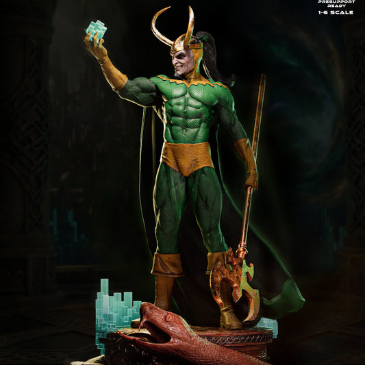 Loki Marvel Comics resin statue painted display holding cube staff cape flowing base serpent detail collectible
