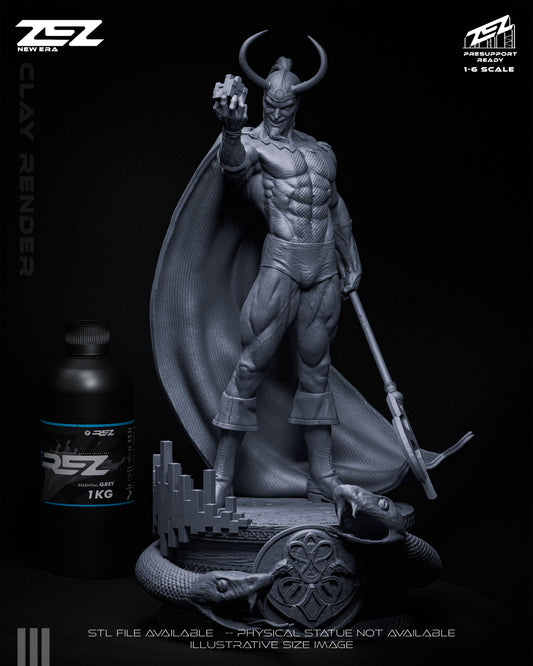 Loki resin statue front view holding cube staff pose detailed armor base serpents collectible
