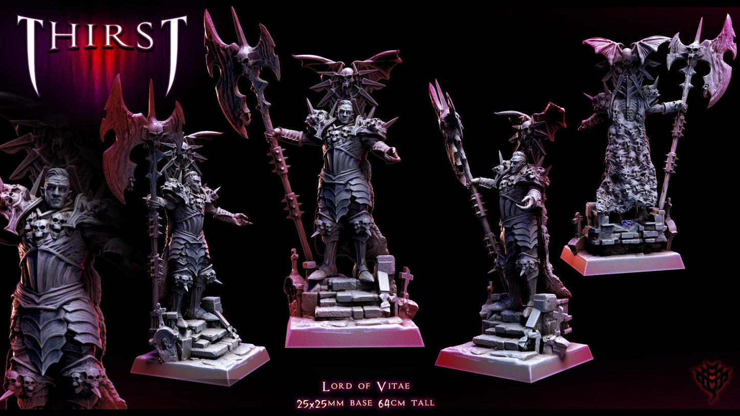 A vampire lord clad in dark, skeletal armor, standing on a detailed stone base, wielding a large axe adorned with bat wings and skull motifs, with gothic pillars surrounding the platform.