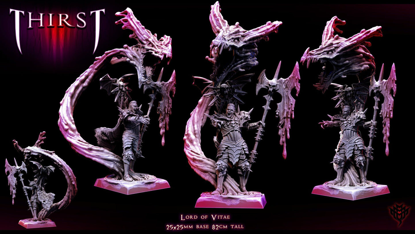 The vampire lord in skeletal armor is depicted summoning a large, ethereal dragon-like creature that curls around him, with his axe held forward and the creature looming over him.