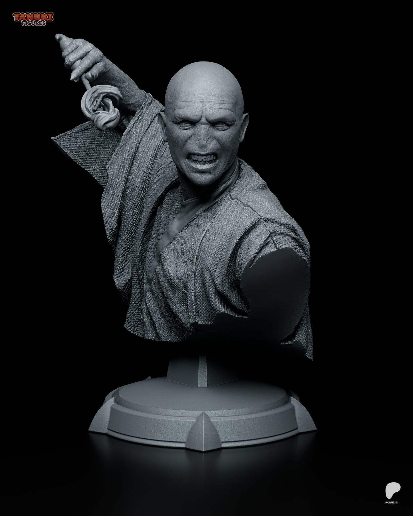 Lord Voldemort bust snarling expression holding cursed dagger, dark wizard Harry Potter collectible bust by Tanuki Figures