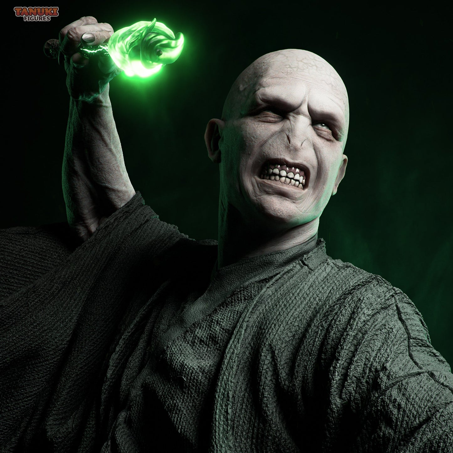 Lord Voldemort statue close up snarling portrait holding glowing magic dagger, bald dark wizard Harry Potter collectible figure