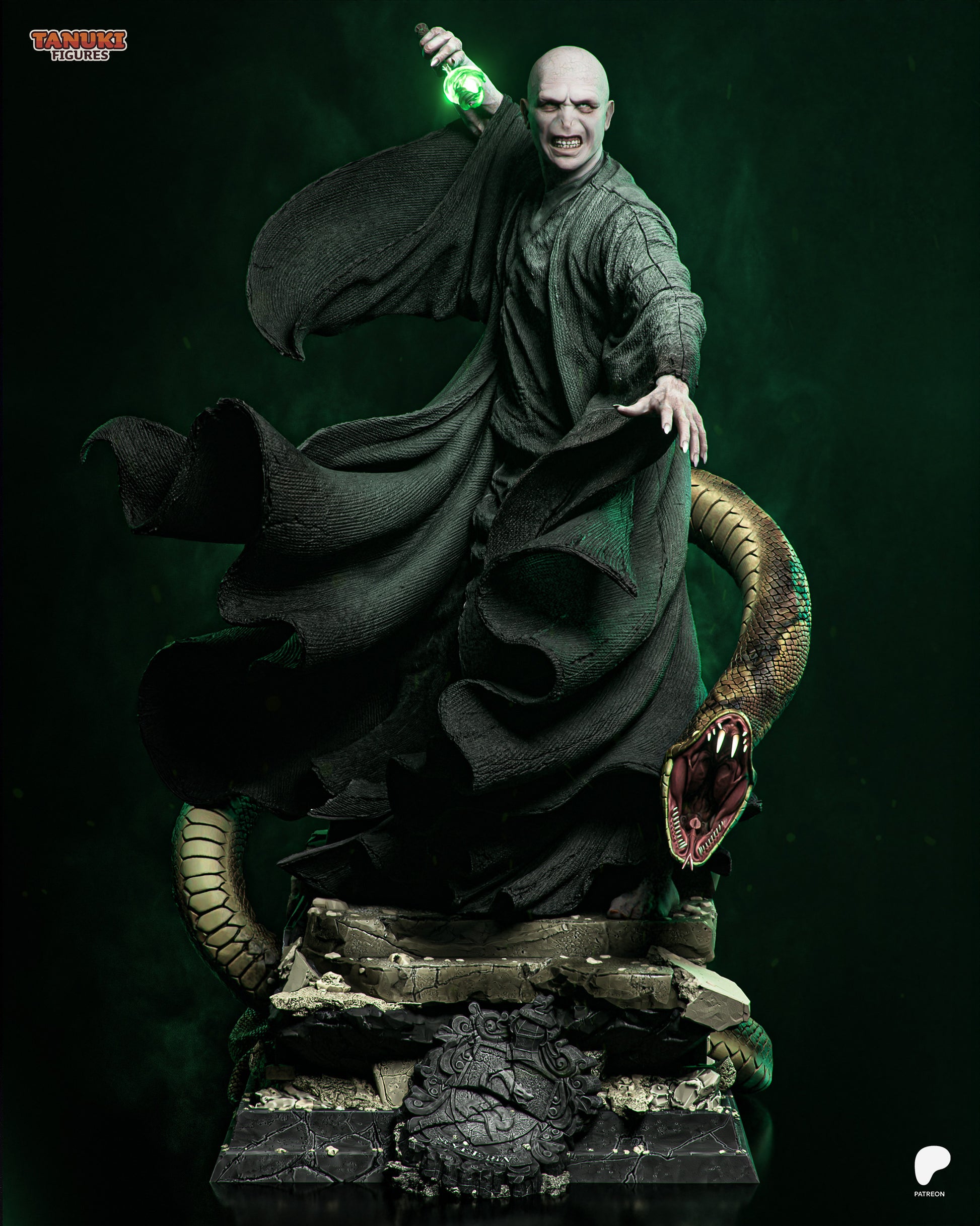 Lord Voldemort full body statue casting magic with dagger raised and Nagini emerging from the base, Harry Potter dark wizard villain display statue