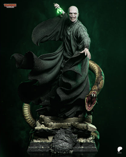 Lord Voldemort full body statue casting magic with dagger raised and Nagini emerging from the base, Harry Potter dark wizard villain display statue