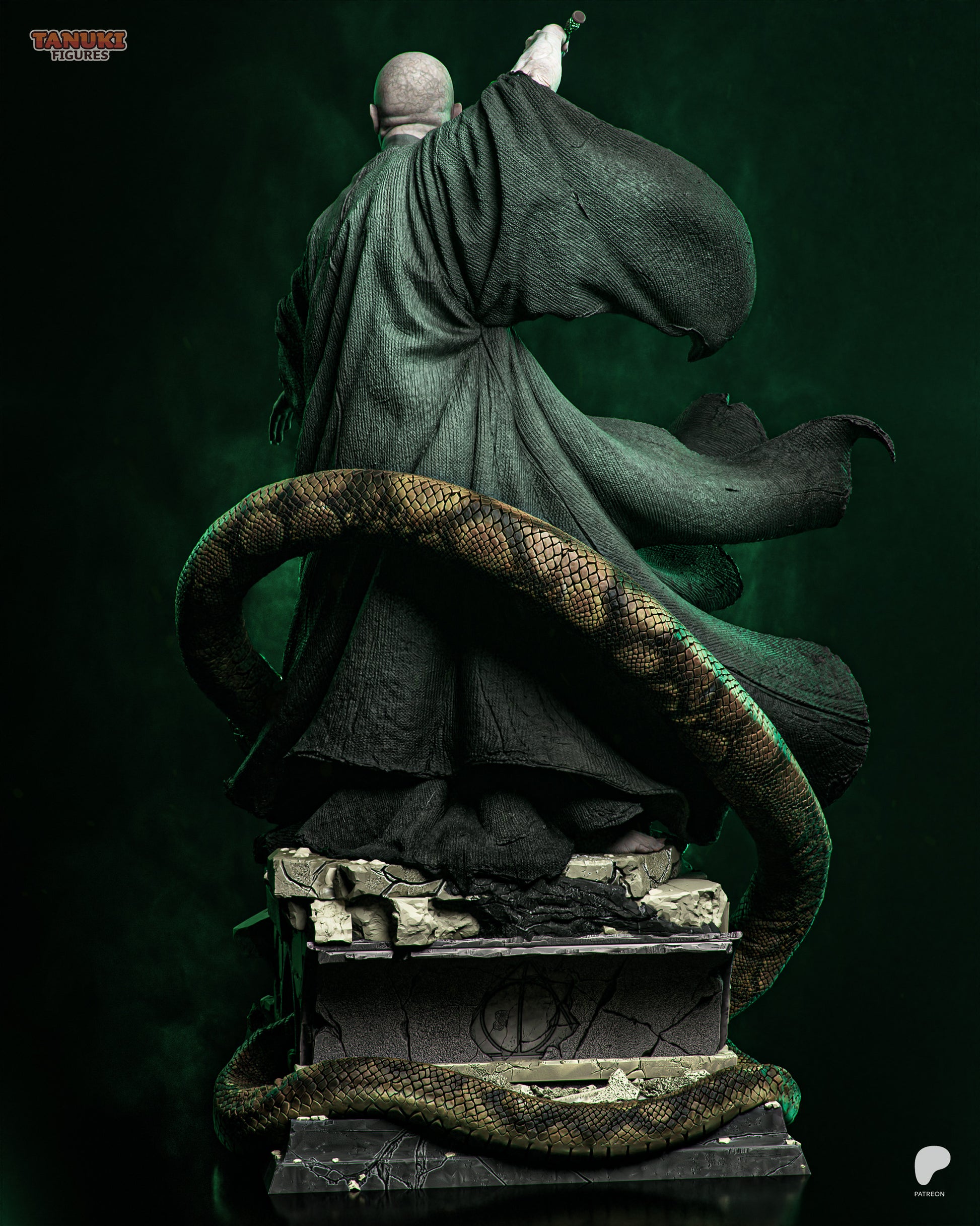 Lord Voldemort dark wizard statue rear view with flowing robes and Nagini coiled around cracked stone base, Harry Potter villain collectible statue by Tanuki Figures