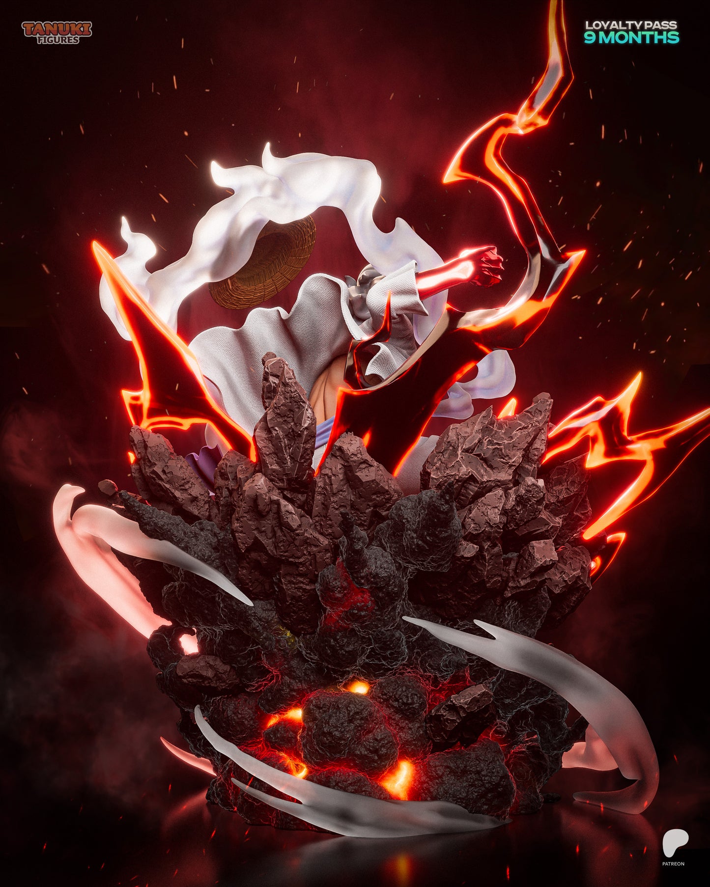 Luffy Gear 5 awakened form statue One Piece swirling energy effects cracked lava base