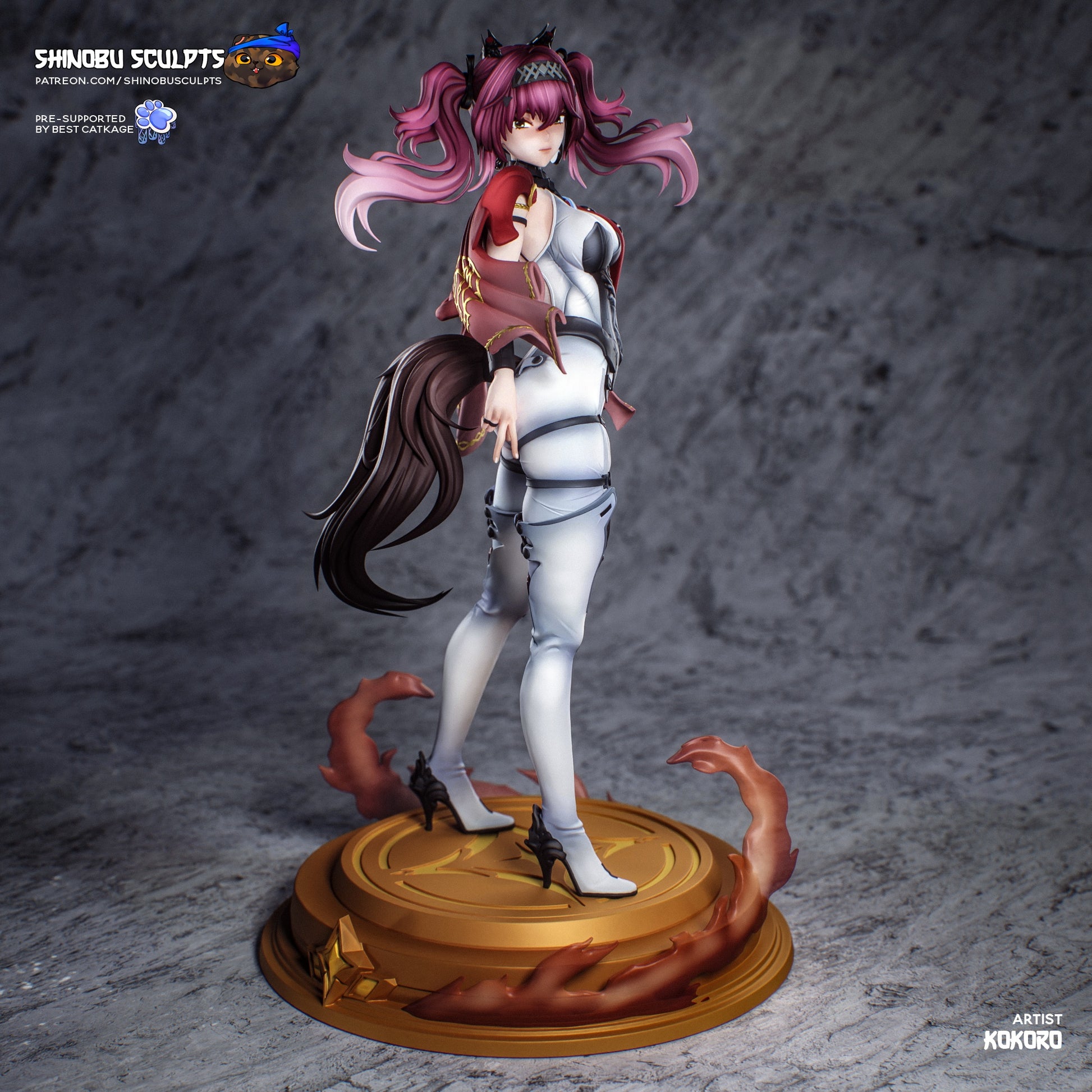lupa wuthering waves statue color front view anime figure twin tails wolf tail flame base