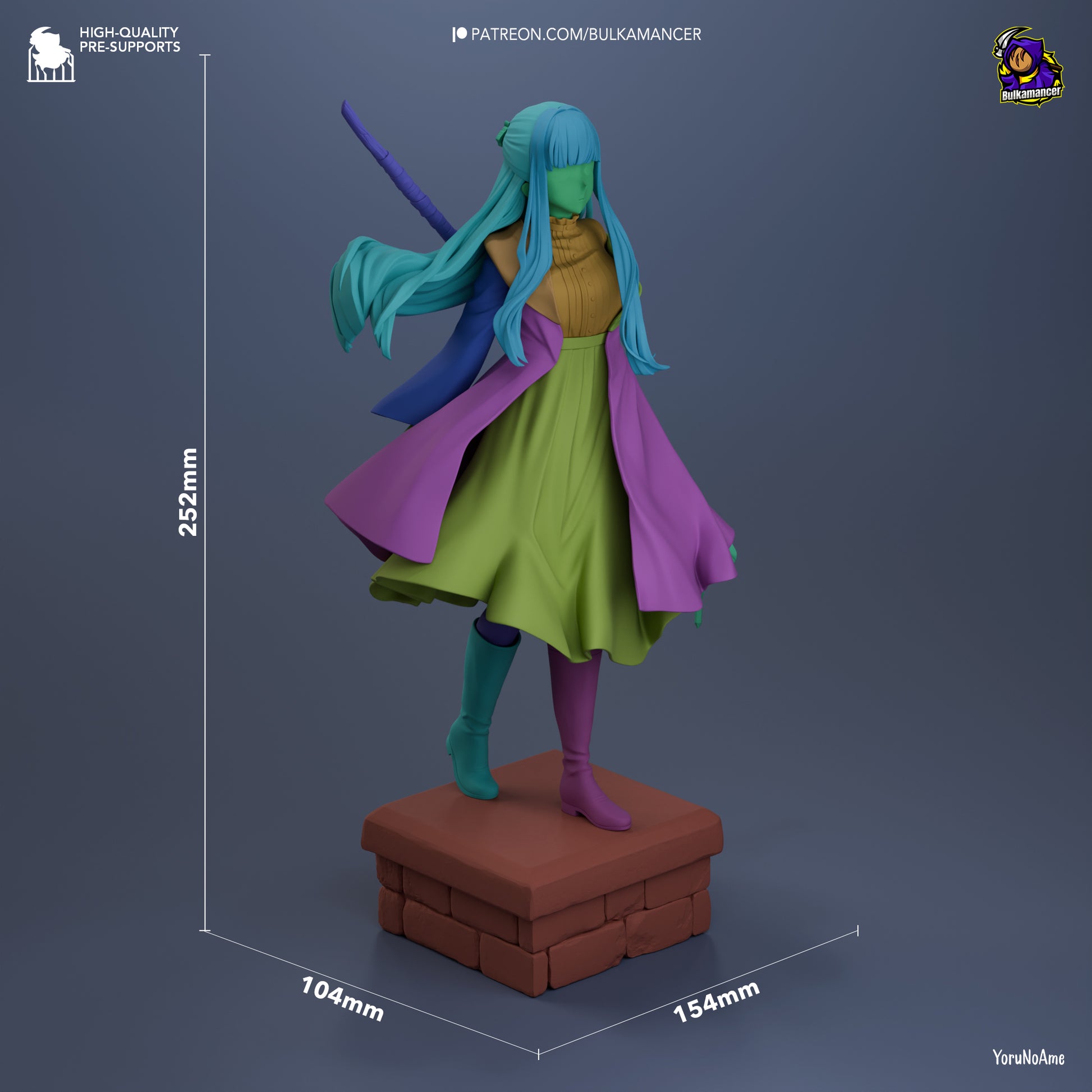 Full color render of Fern statue with dimensions labeled, posed gracefully on a brick base with one foot forward.
