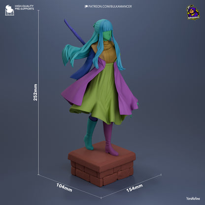 Full color render of Fern statue with dimensions labeled, posed gracefully on a brick base with one foot forward.
